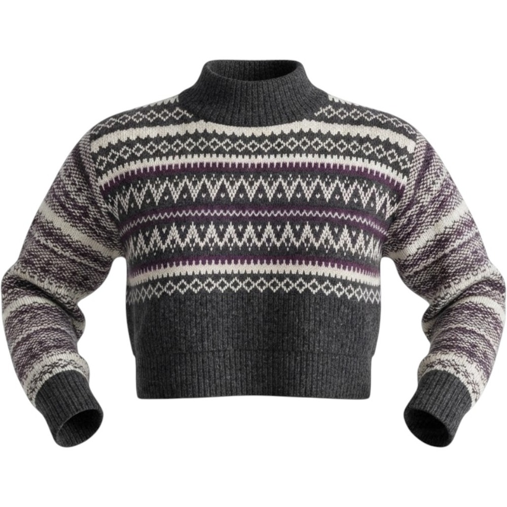 Cleo + Wolf Sweater Womens Small Gray Fair Isle Mock Neck Wool Blend Cropped